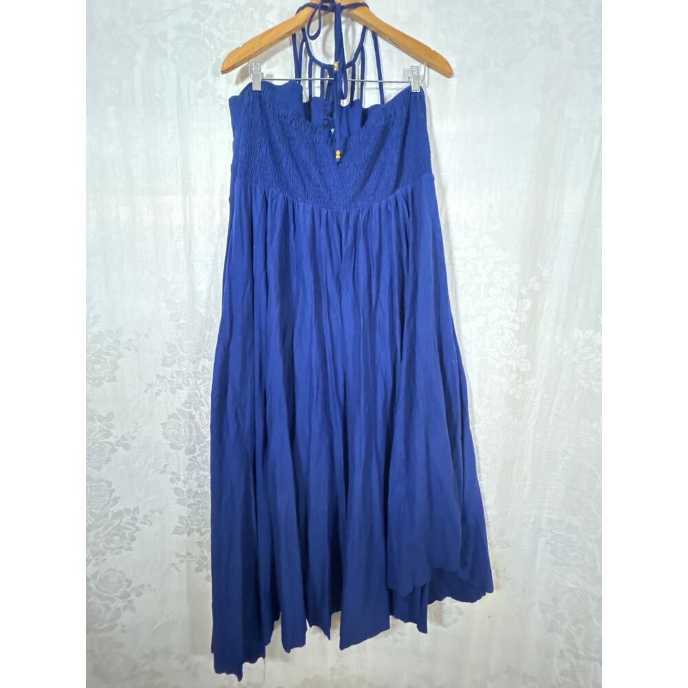 City Chic Maxi Dress XL 22 Navy Blue Smocked Strap Faux Wrap Flowy Jersey Cotton - Picture 8 of 10